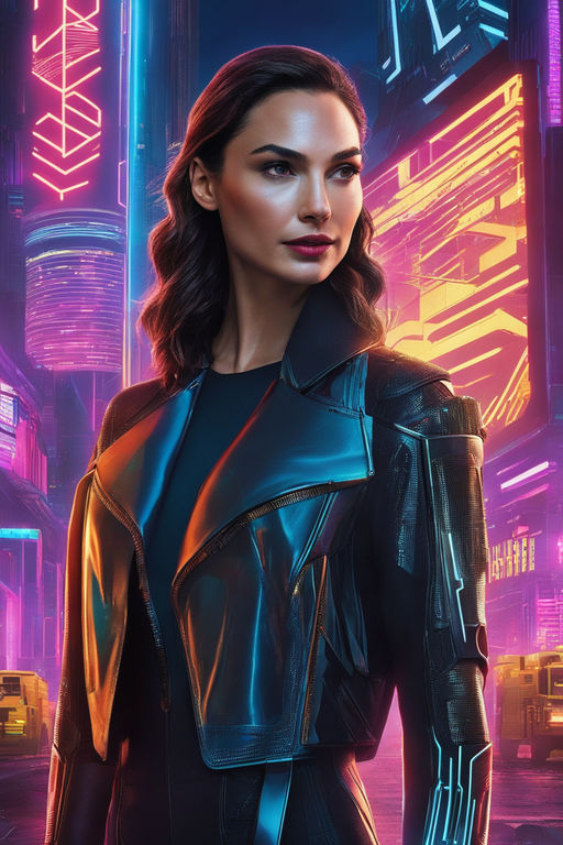 Prompt: Craft a futuristic, cyberpunk cityscape with Gal Gadot as a high-tech detective, navigating a world of holographic billboards and futuristic technology.